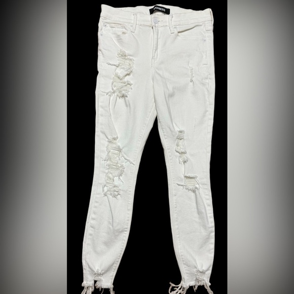 Express White mis rise Distressed straight Leg Jeans Stretch Raw Hem Women’s 4 - Picture 1 of 16